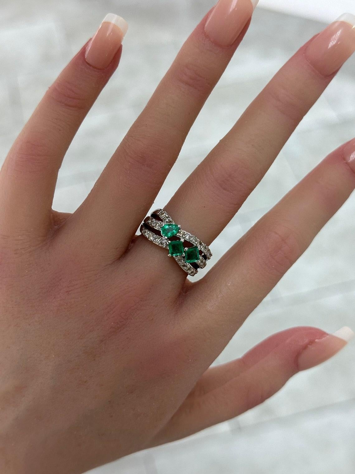 Women's 14K Gold 1.20tcw Emerald & Diamond Band Ring, Princess & Pear Cut with Pave Diam For Sale