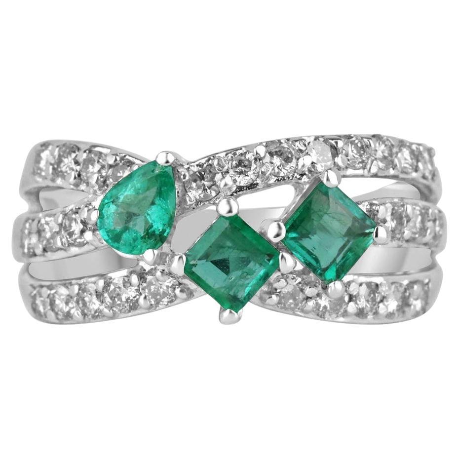 14K Gold 1.20tcw Emerald & Diamond Band Ring, Princess & Pear Cut with Pave Diam For Sale