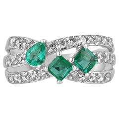 Bague en or 14K 1.20tcw Emerald & Diamond Band Ring, Princesse & Pear Cut with Pave Diam