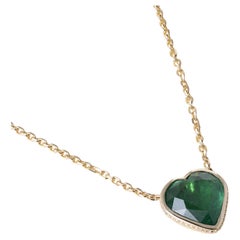14K Gold 12.55 Carat Emerald Heart Shape Bezel Set Diamond Chain Necklace
