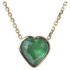 14K Gold 12.55 Carat Emerald Heart Shape Bezel Set Diamond Chain Necklace