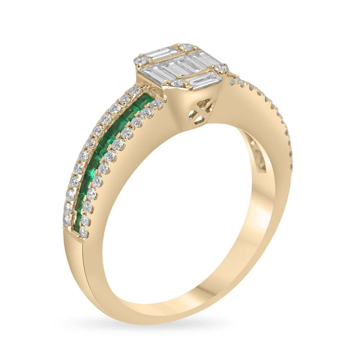 Introducing our Emerald and Diamond Ring, a true masterpiece of elegance and sophistication. At the heart of this exquisite piece, baguette cut diamonds seamlessly unite to form an enchanting Asscher shape, creating a stunning focal point. The 14k