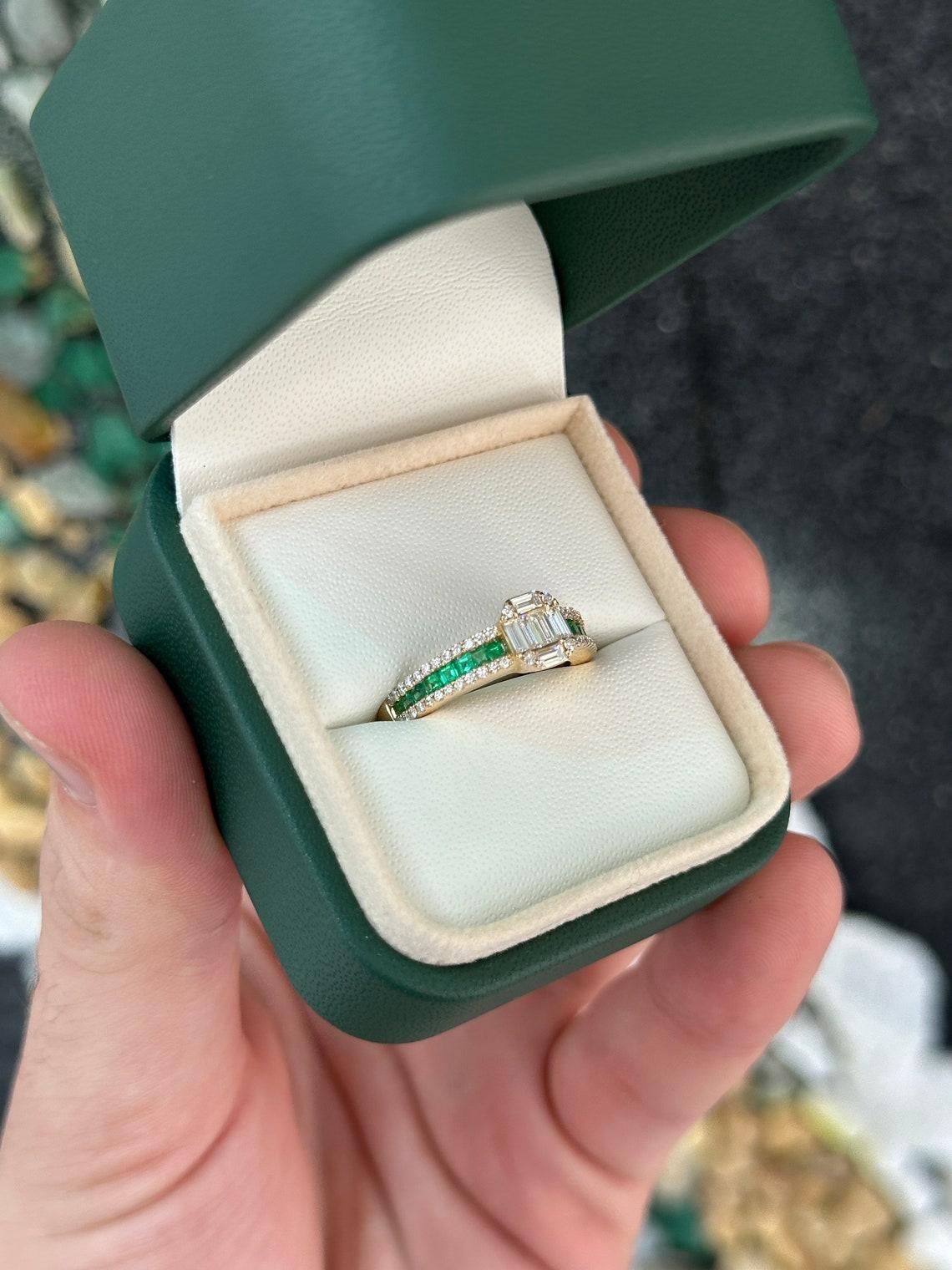 14K Gold 1.30tcw Asscher Baguette Diamond & Emerald Cluster Ring, Princess Cut For Sale 2