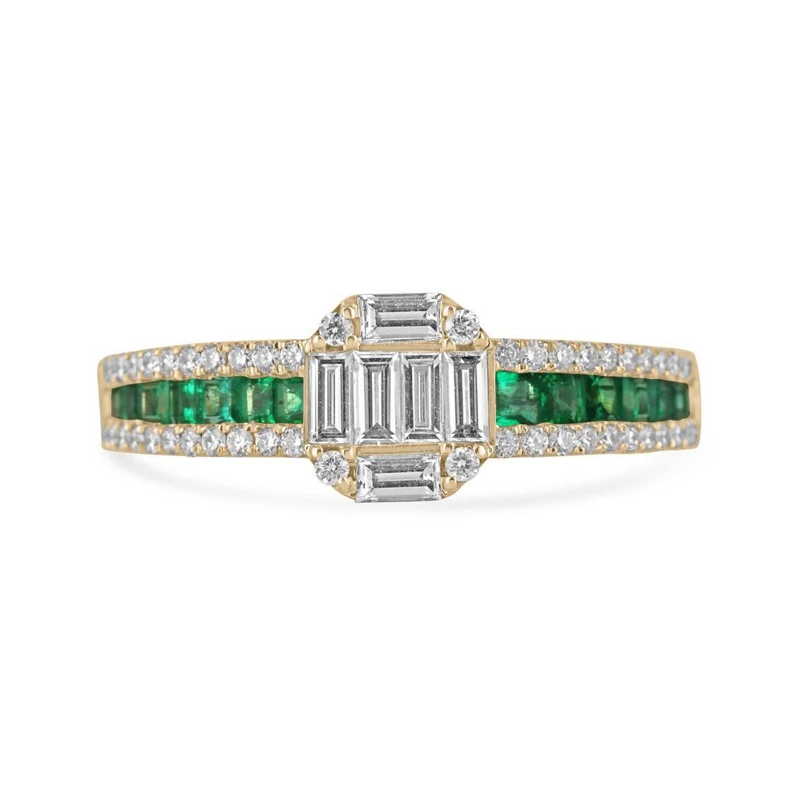14K Gold 1.30tcw Asscher Baguette Diamond & Emerald Cluster Ring, Princess Cut