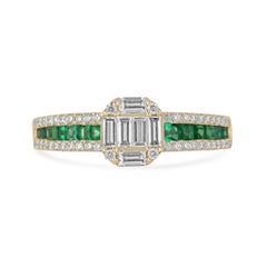 14K Gold 1.30tcw Asscher Baguette Diamond & Emerald Cluster Ring, Princess Cut