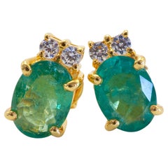 14K Gold 1.38ct Oval Emerald & White Quartz Fine Stud Earrings