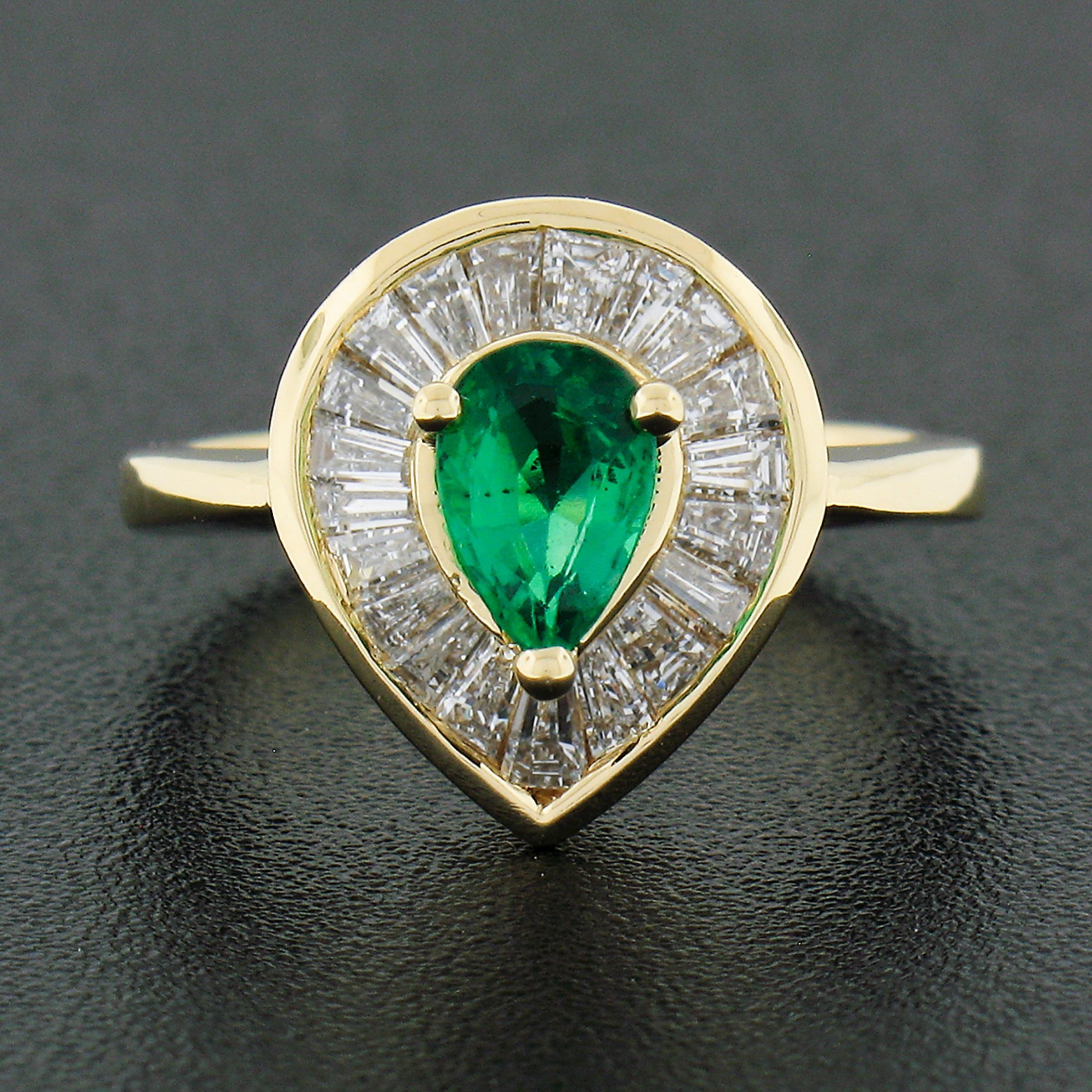 Pear Cut 14k Gold 1.3ct Pear Prong Emerald & Channel Baguette Diamond Halo Ballerina Ring For Sale