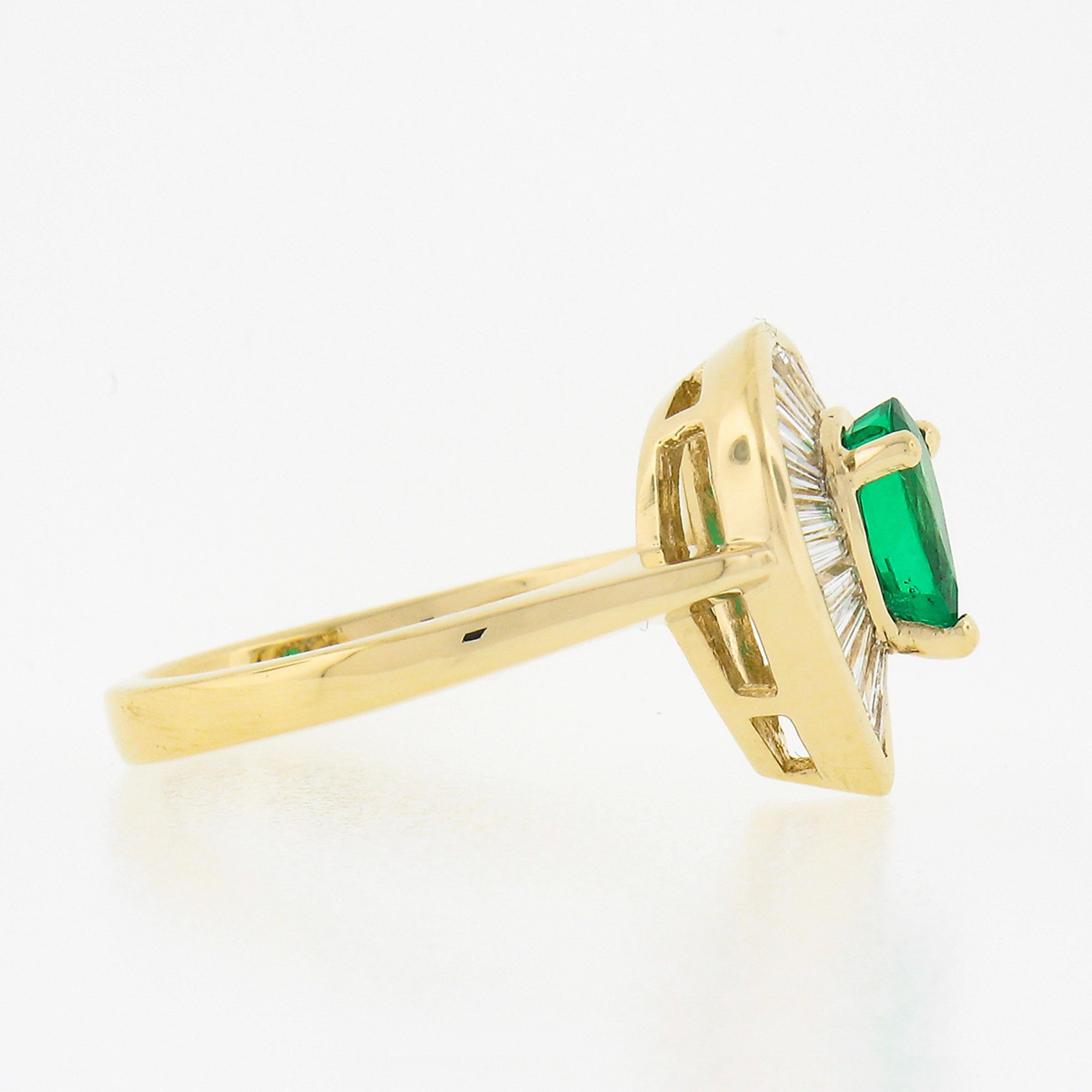 Women's 14k Gold 1.3ct Pear Prong Emerald & Channel Baguette Diamond Halo Ballerina Ring