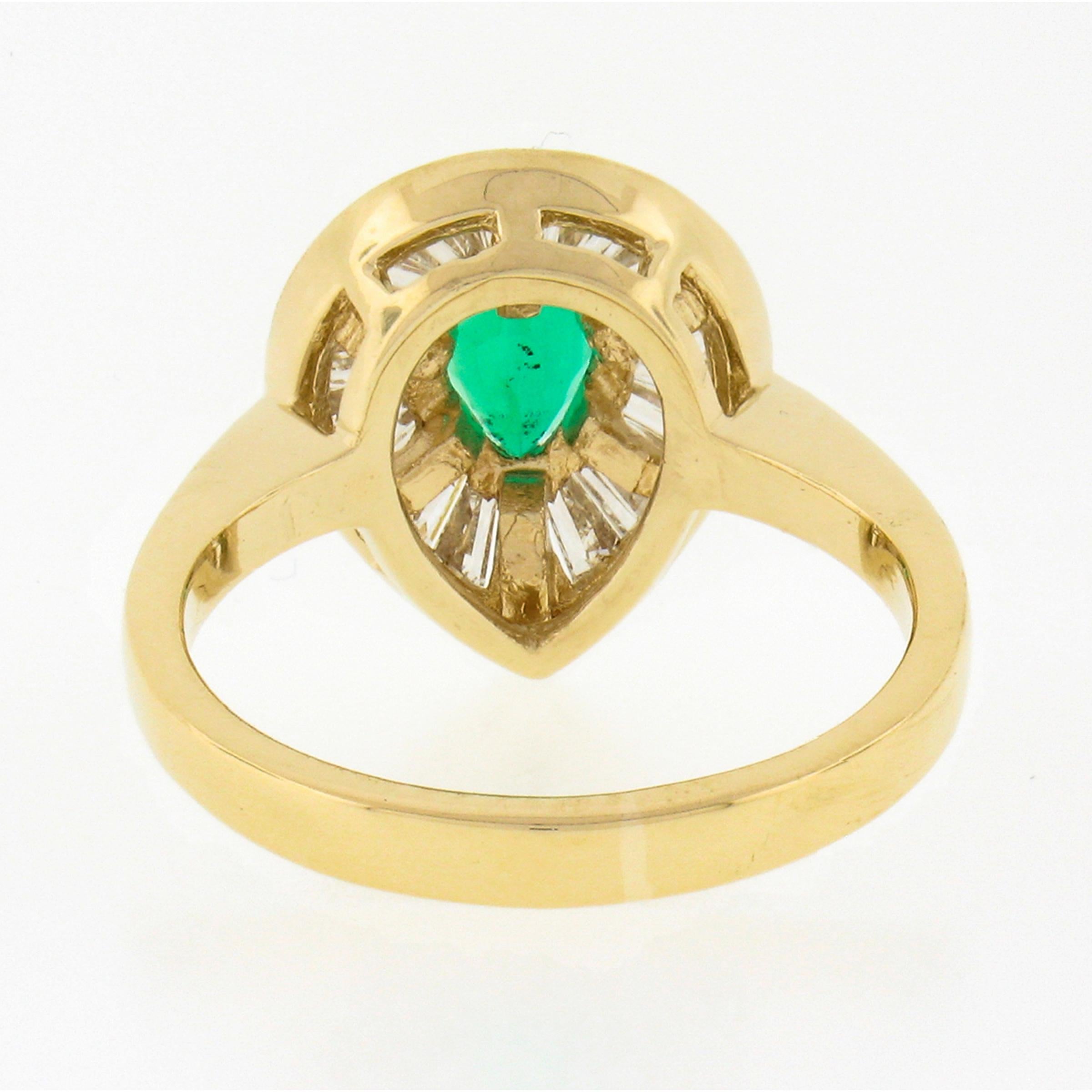 14k Gold 1.3ct Pear Prong Emerald & Channel Baguette Diamond Halo Ballerina Ring 2