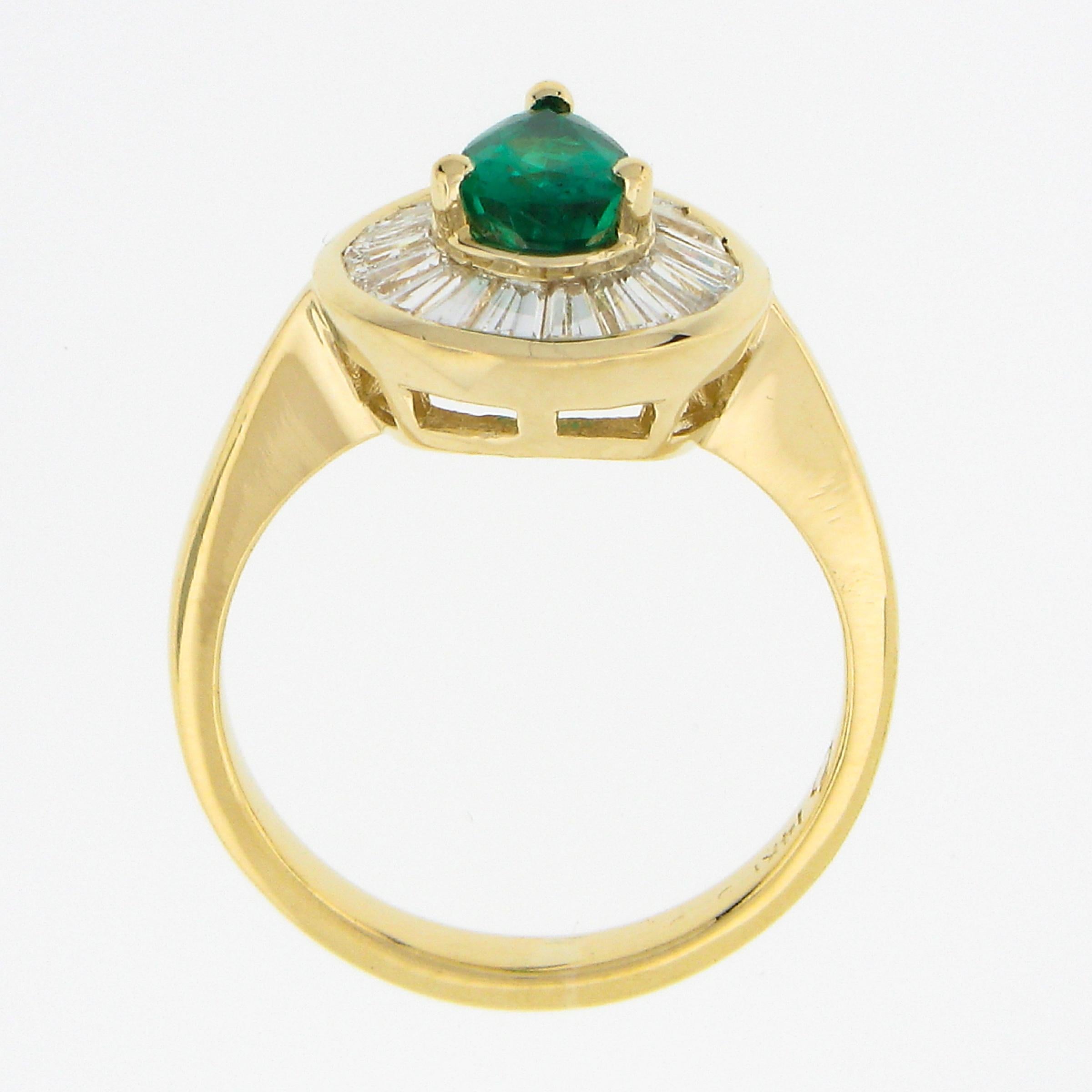 14k Gold 1.3ct Pear Prong Emerald & Channel Baguette Diamond Halo Ballerina Ring For Sale 3