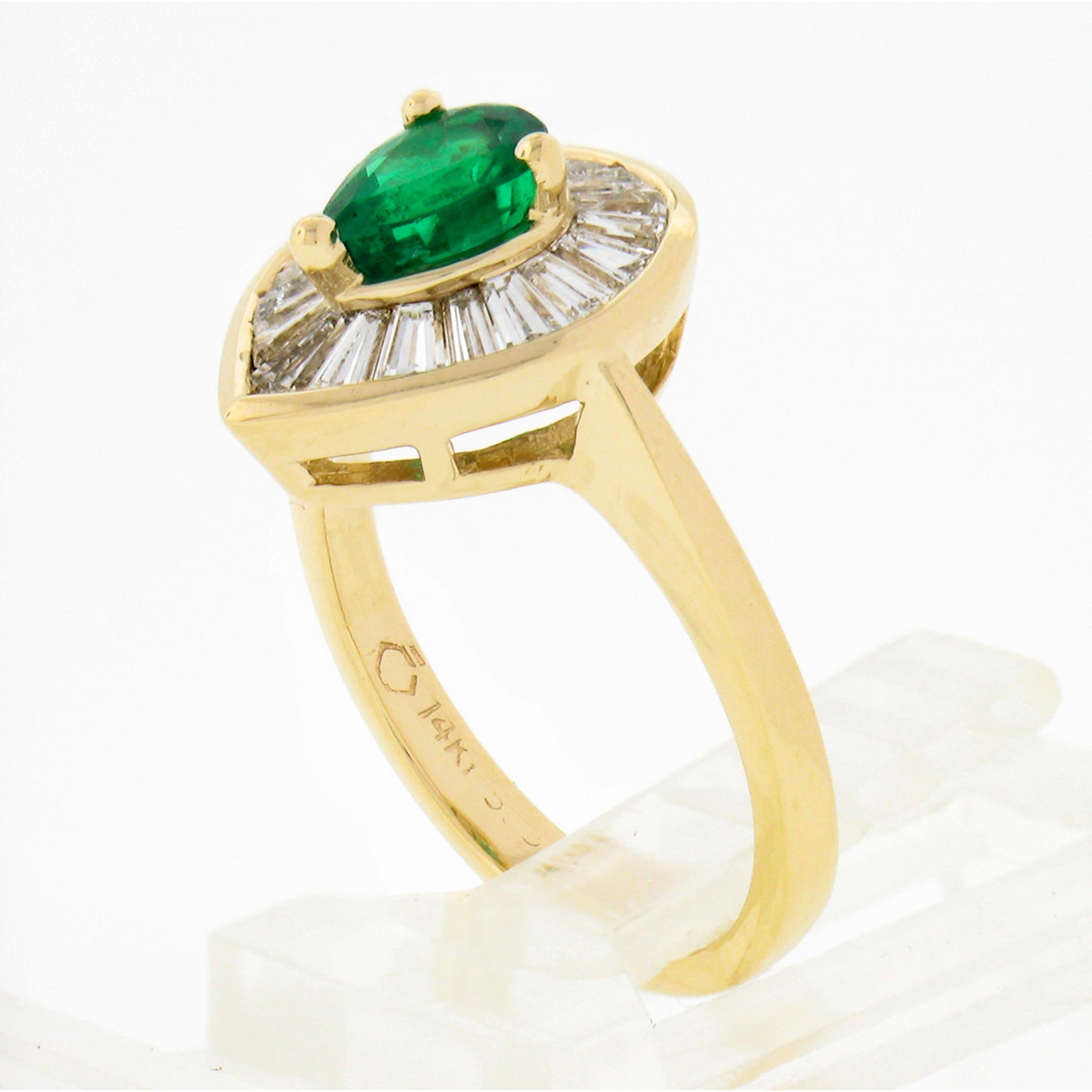 14k Gold 1.3ct Pear Prong Emerald & Channel Baguette Diamond Halo Ballerina Ring 4