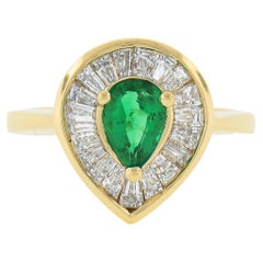 14k Gold 1.3ct Pear Prong Emerald & Channel Baguette Diamond Halo Ballerina Ring