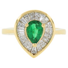 14k Gold 1.3ct Pear Prong Emerald & Channel Baguette Diamond Halo Ballerina Ring