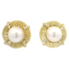 14k Gold 15.75mm Mabe Pearl 0.60ctw Diamond Large Twisted Wire Button Earrings