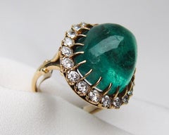 14K Gold 1.60 Ct Diamond and 27.60 Ct Emerald Cabochon Cocktail Ring, Circa 1940