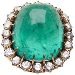14K Gold 1.60 Ct Diamond and 27.60 Ct Emerald Cabochon Cocktail Ring, Circa 1940