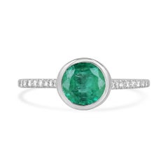 14K Gold 1.60tcw Round Emerald & Diamond Ring, Medium Dark Green Open Bezel Set