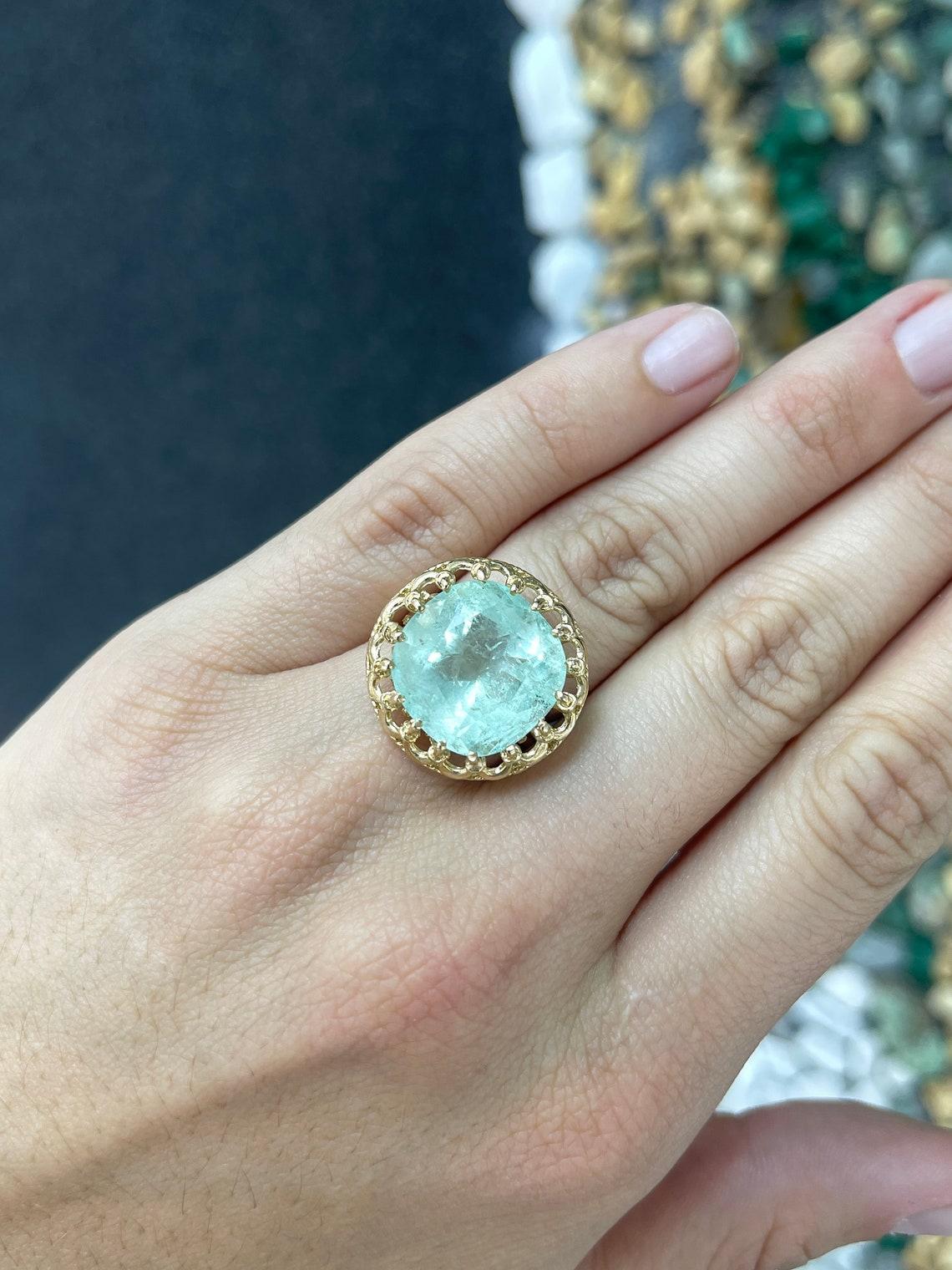 14K Gold 16,75 Karat Smaragdring mit Kissenschliff im Kissenschliff, hellgrüner kolumbianischer Vintage (Moderne) im Angebot