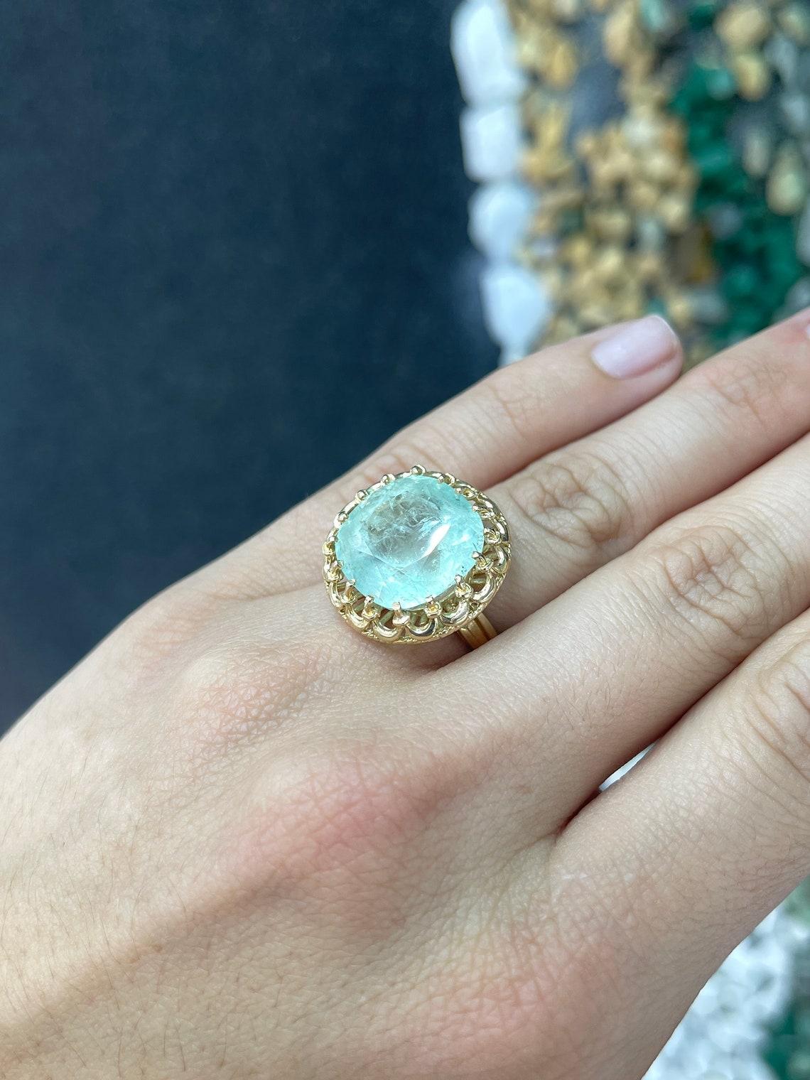 14K Gold 16,75 Karat Smaragdring mit Kissenschliff im Kissenschliff, hellgrüner kolumbianischer Vintage im Zustand „Neu“ im Angebot in Jupiter, FL