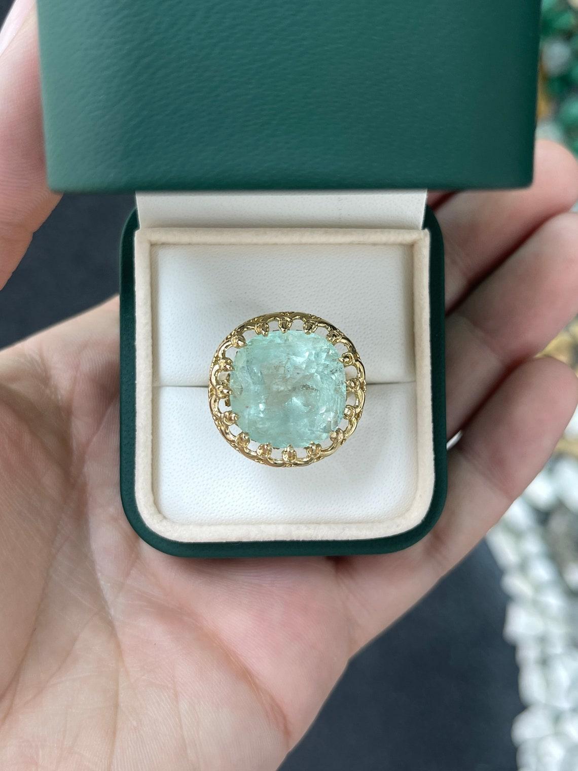 14K Gold 16,75 Karat Smaragdring mit Kissenschliff im Kissenschliff, hellgrüner kolumbianischer Vintage Damen im Angebot