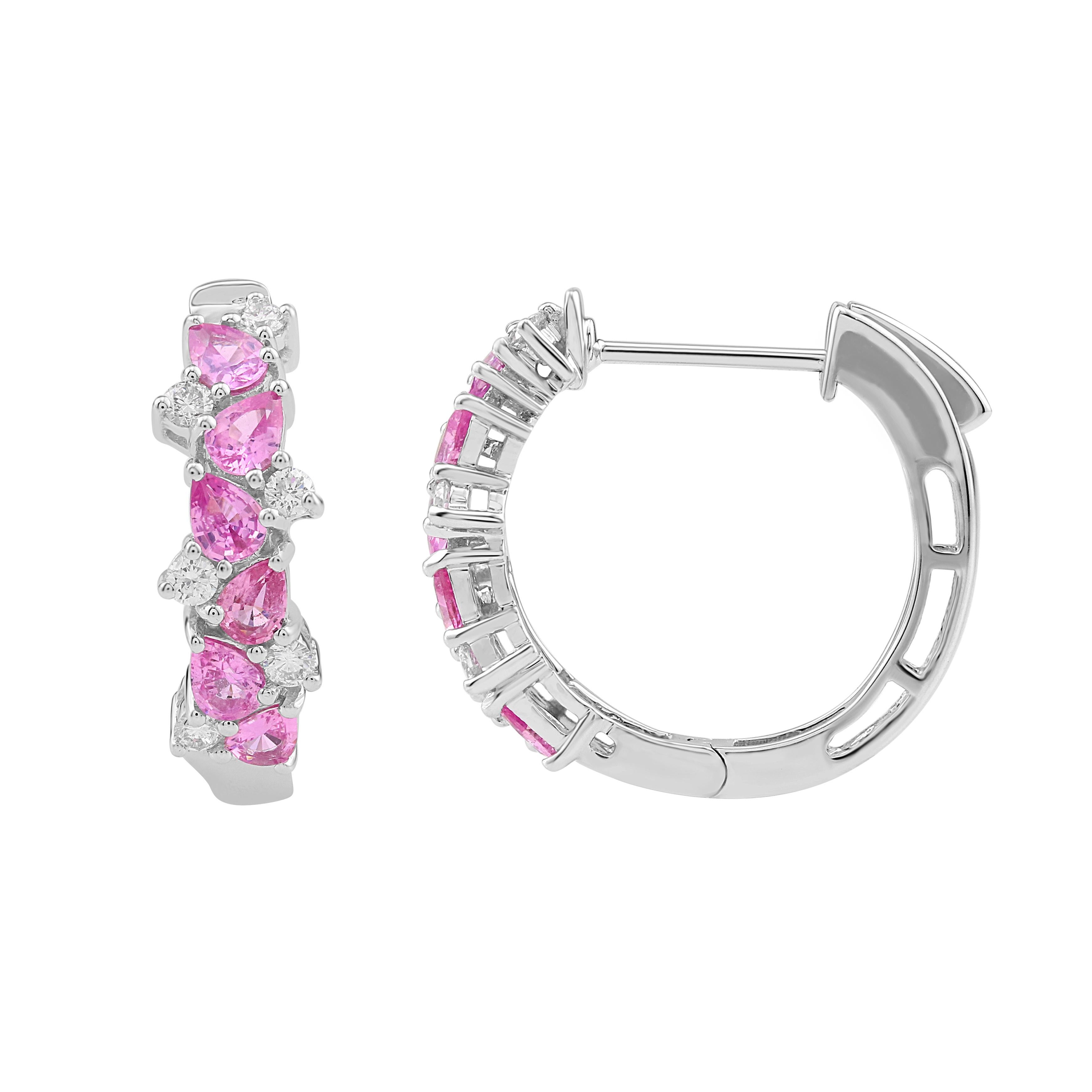 Contemporary Gemistry 14K Gold 1.68 Cttw Pink Sapphire & 0.41 Cttw Diamond Hoop Earrings