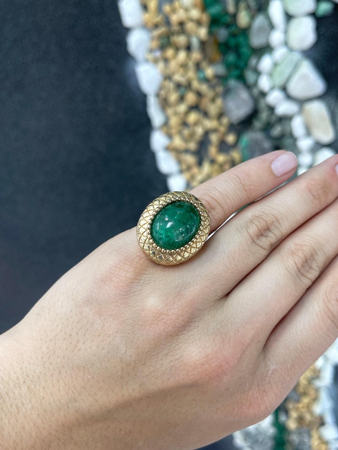 Art Deco 14K Gold 16.83ct Oval Cabochon Emerald Ring, Antique Vintage Dark Green For Sale