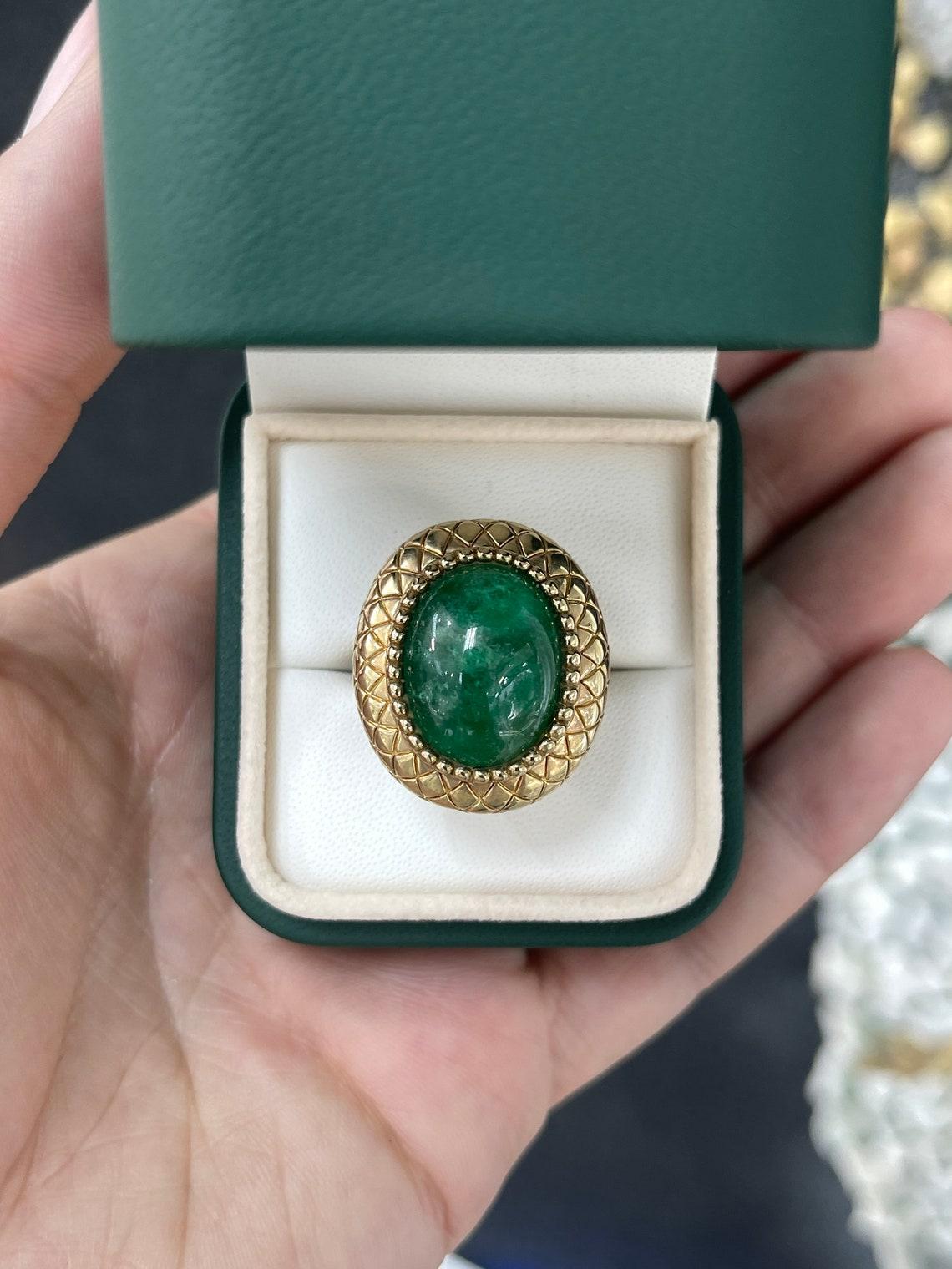 14K Gold 16.83ct Oval Cabochon Emerald Ring, Antique Vintage Dark Green In New Condition For Sale In Jupiter, FL