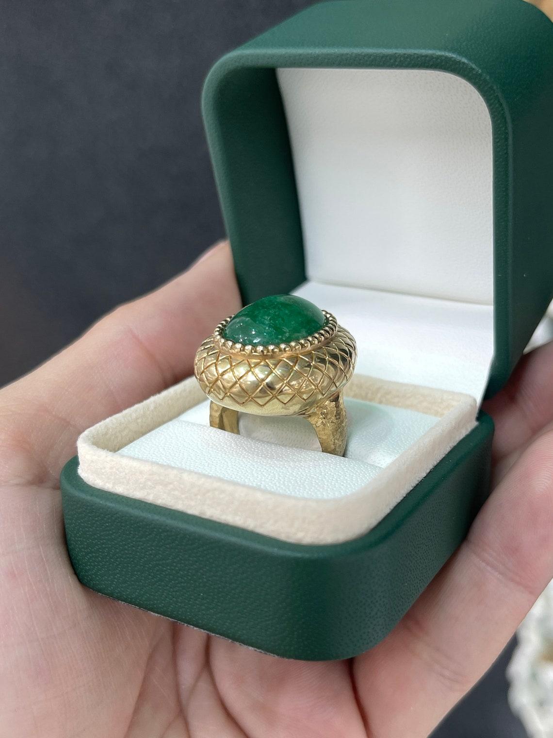 14K Gold 16.83ct Oval Cabochon Emerald Ring, Antique Vintage Dark Green For Sale 1