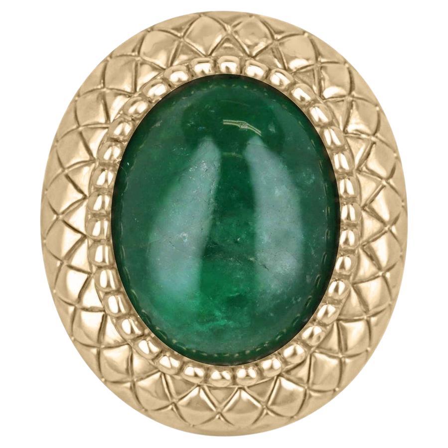 14K Gold 16.83ct Oval Cabochon Emerald Ring, Antique Vintage Dark Green
