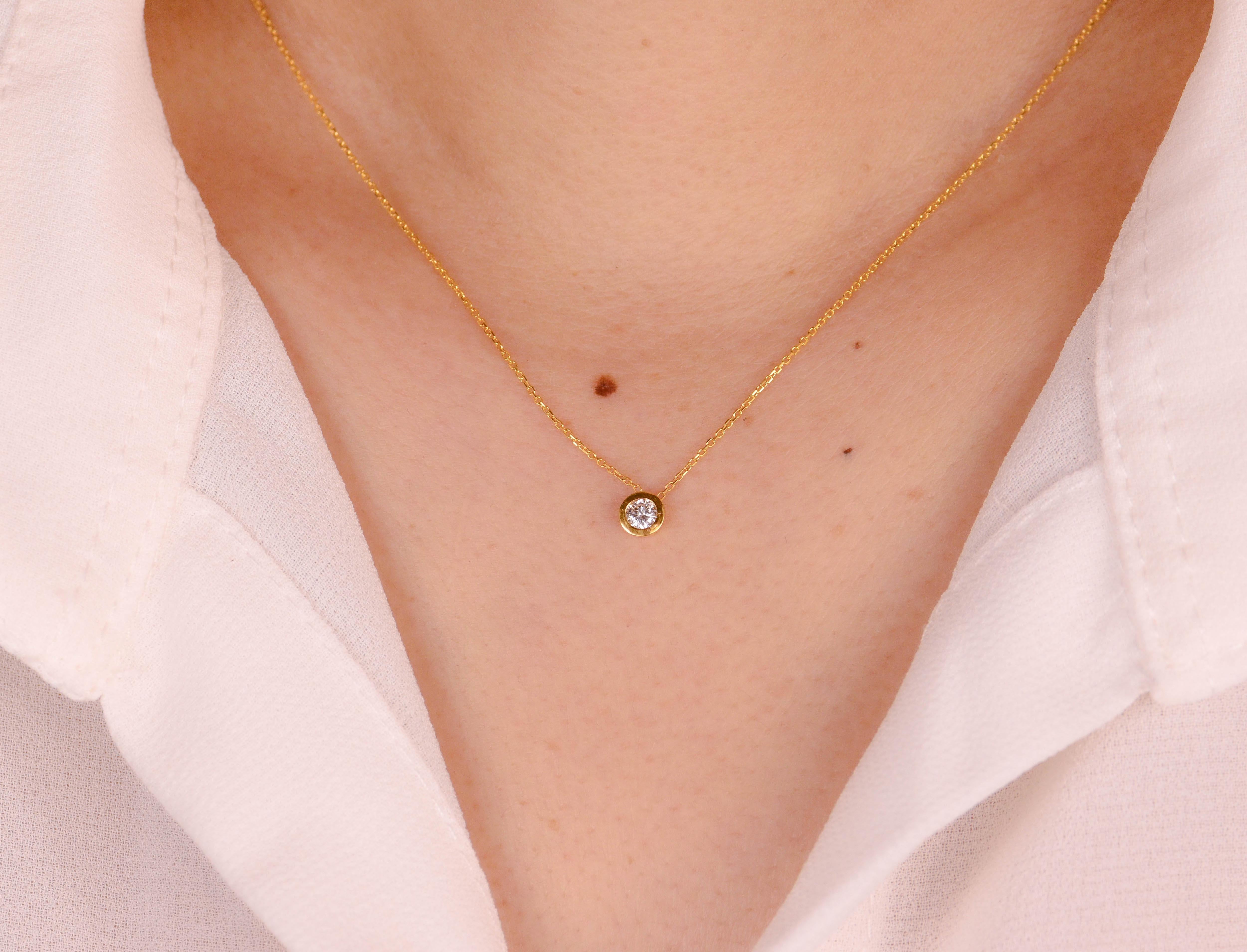 14k Gold 1.7 mm Diamond Necklace Dainty Solitaire Necklace Bezel Necklace For Sale 1