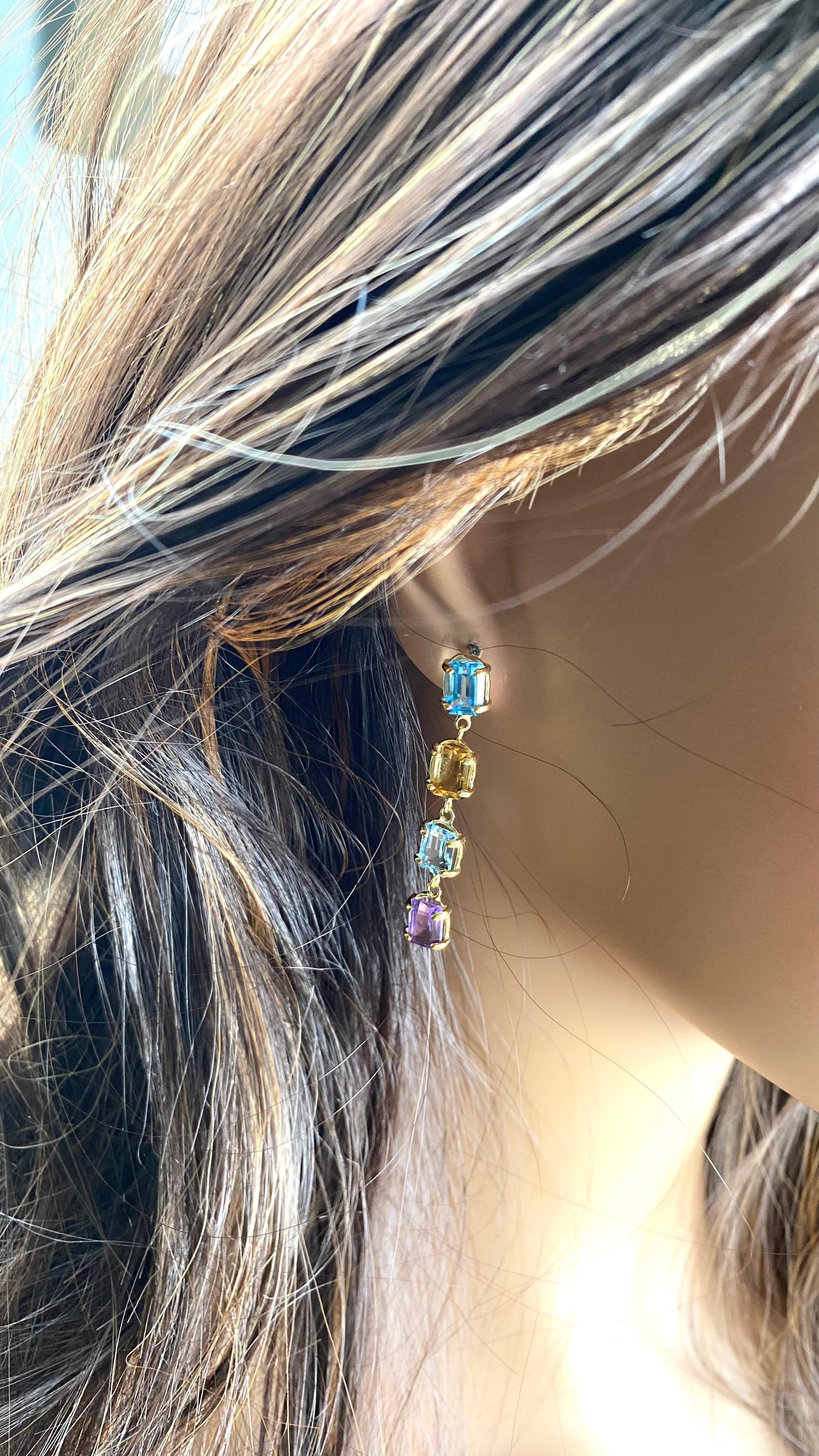 Emerald Cut 14K Gold 1.70 Inch Long Drop Earrings Emerald Shaped Blue Topaz Amethyst Citrine For Sale