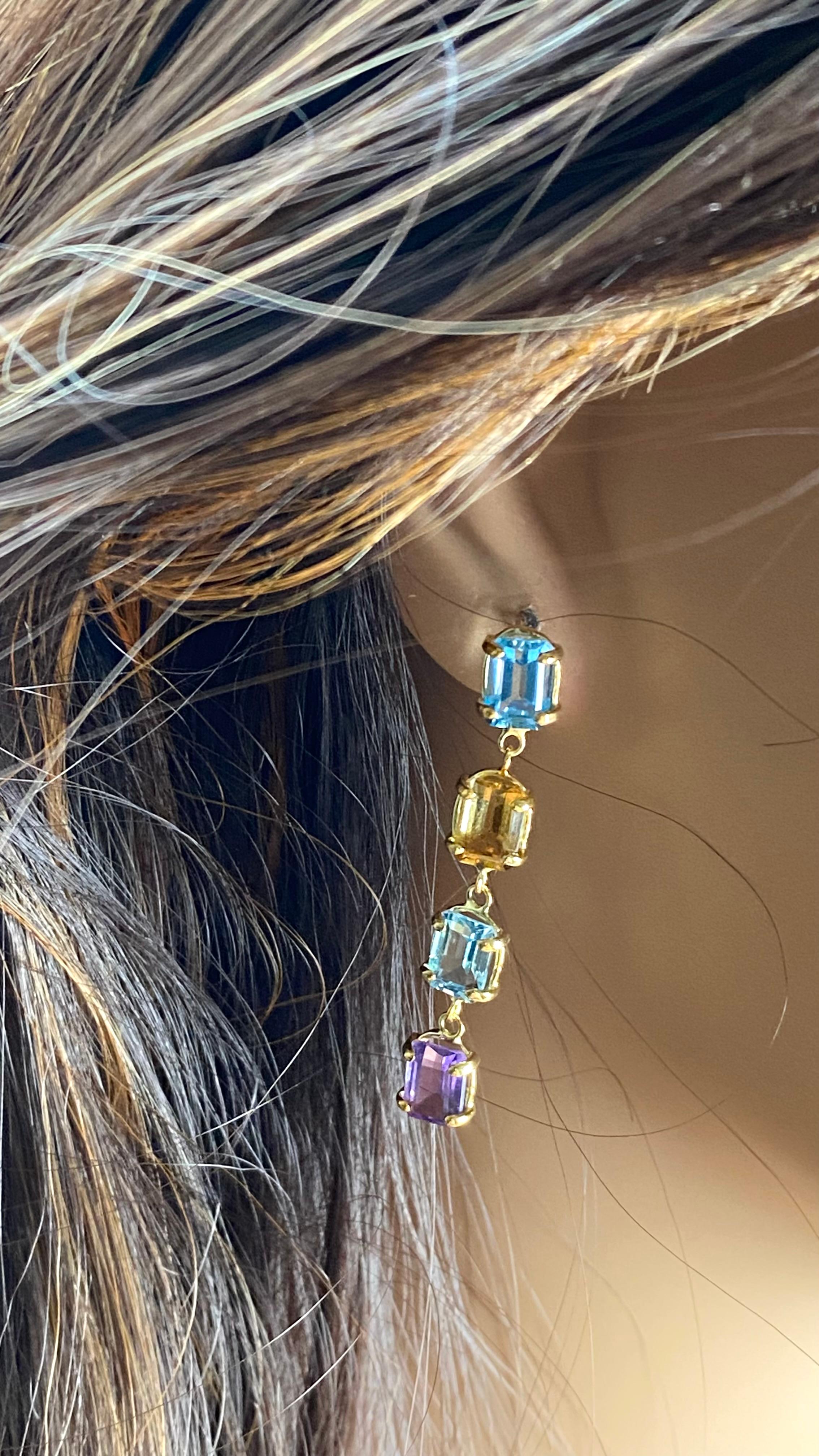 14K Gold 1.70 Inch Long Drop Earrings Emerald Shaped Blue Topaz Amethyst Citrine In New Condition For Sale In New York, NY