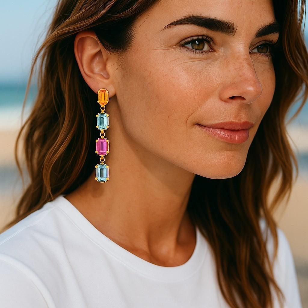 Contemporary 14K Gold 1.70 Inch Long Drop Earrings Emerald Shaped Blue Topaz Amethyst Citrine For Sale