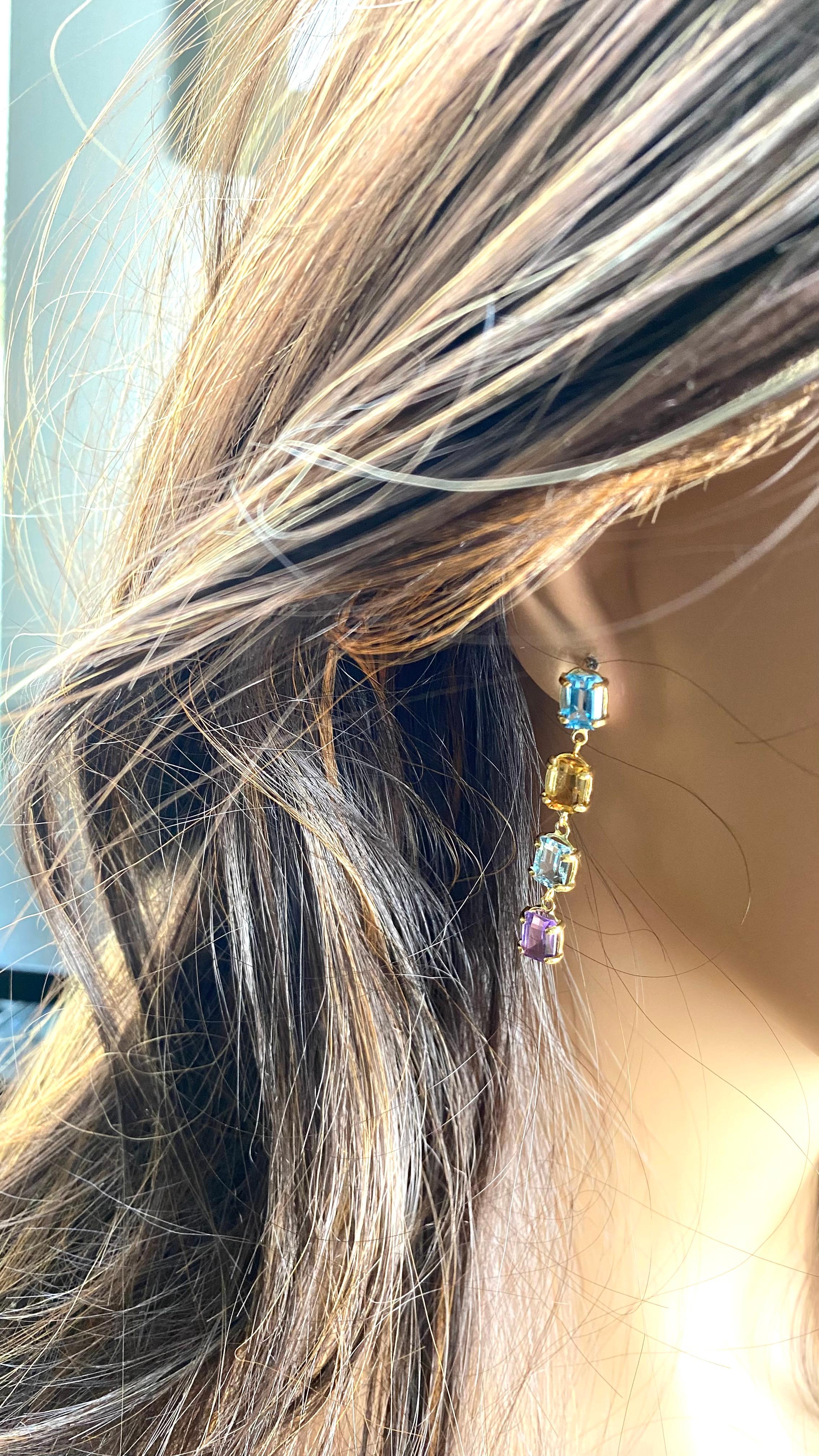 Women's 14K Gold 1.70 Inch Long Drop Earrings Emerald Shaped Blue Topaz Amethyst Citrine For Sale