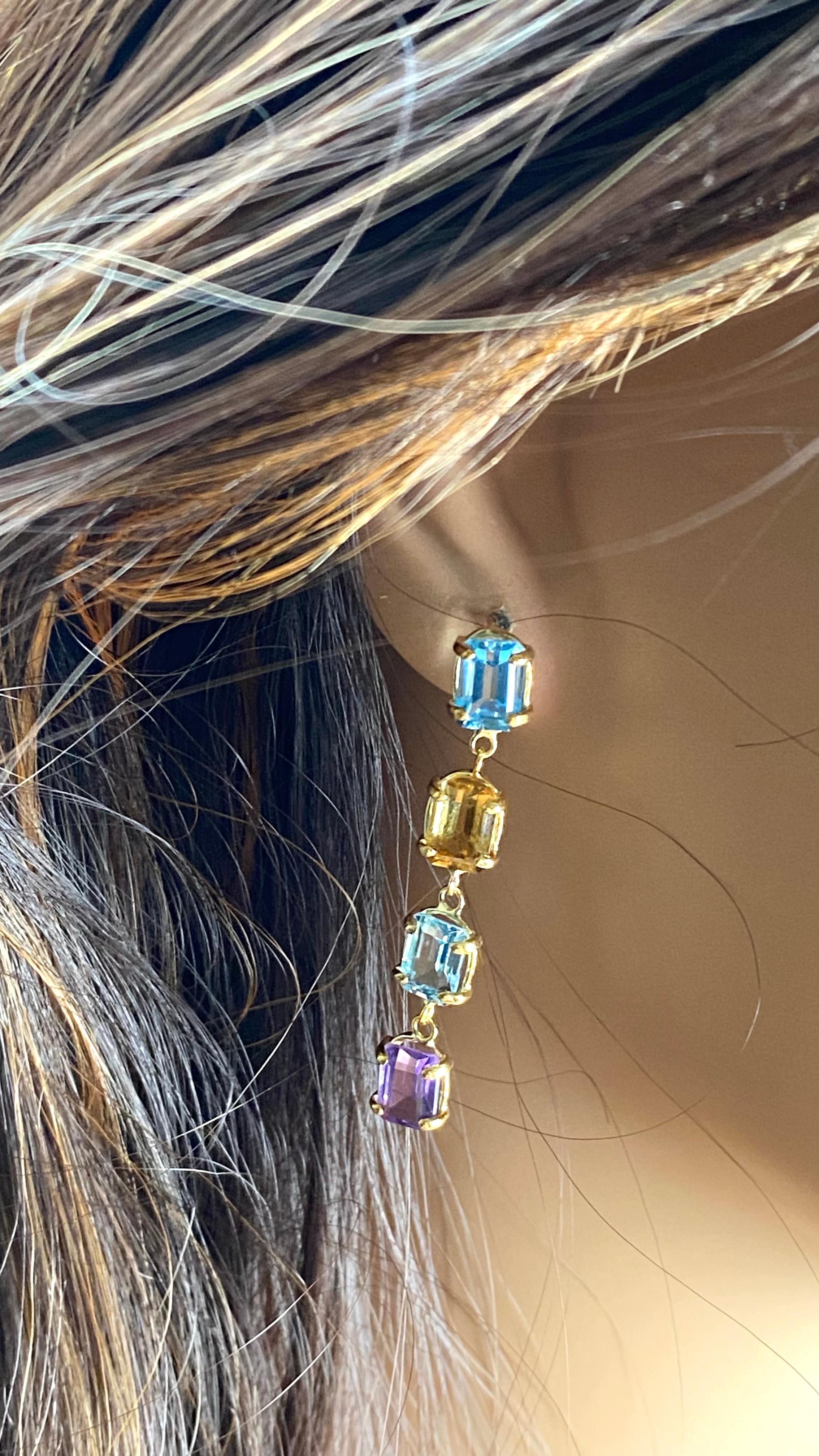 14K Gold 1.70 Inch Long Drop Earrings Emerald Shaped Blue Topaz Amethyst Citrine For Sale 1