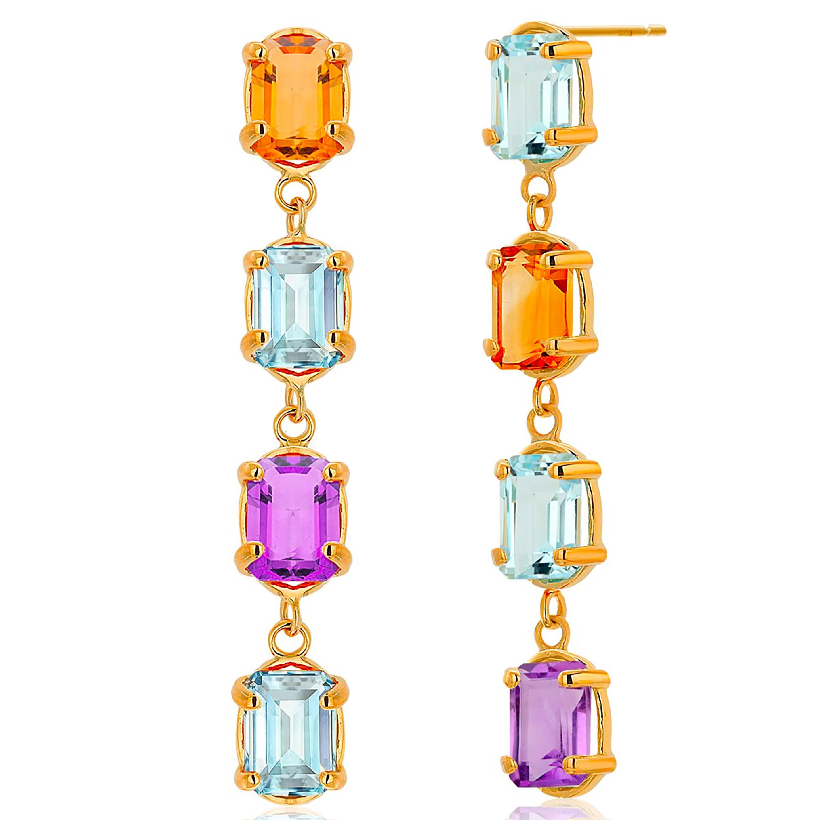 14K Gold 1.70 Inch Long Drop Earrings Emerald Shaped Blue Topaz Amethyst Citrine For Sale 2