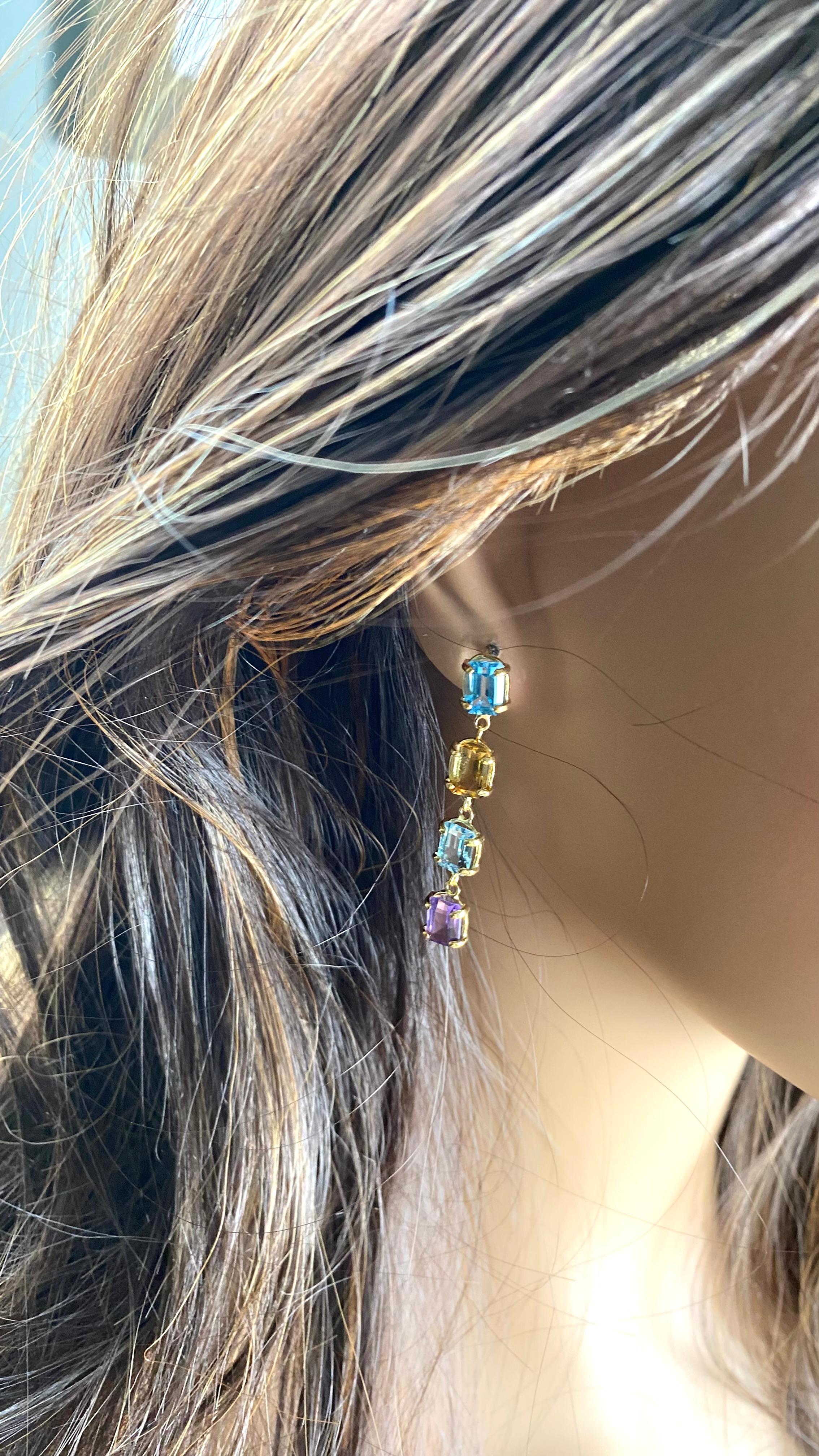 14K Gold 1.70 Inch Long Drop Earrings Emerald Shaped Blue Topaz Amethyst Citrine For Sale 3