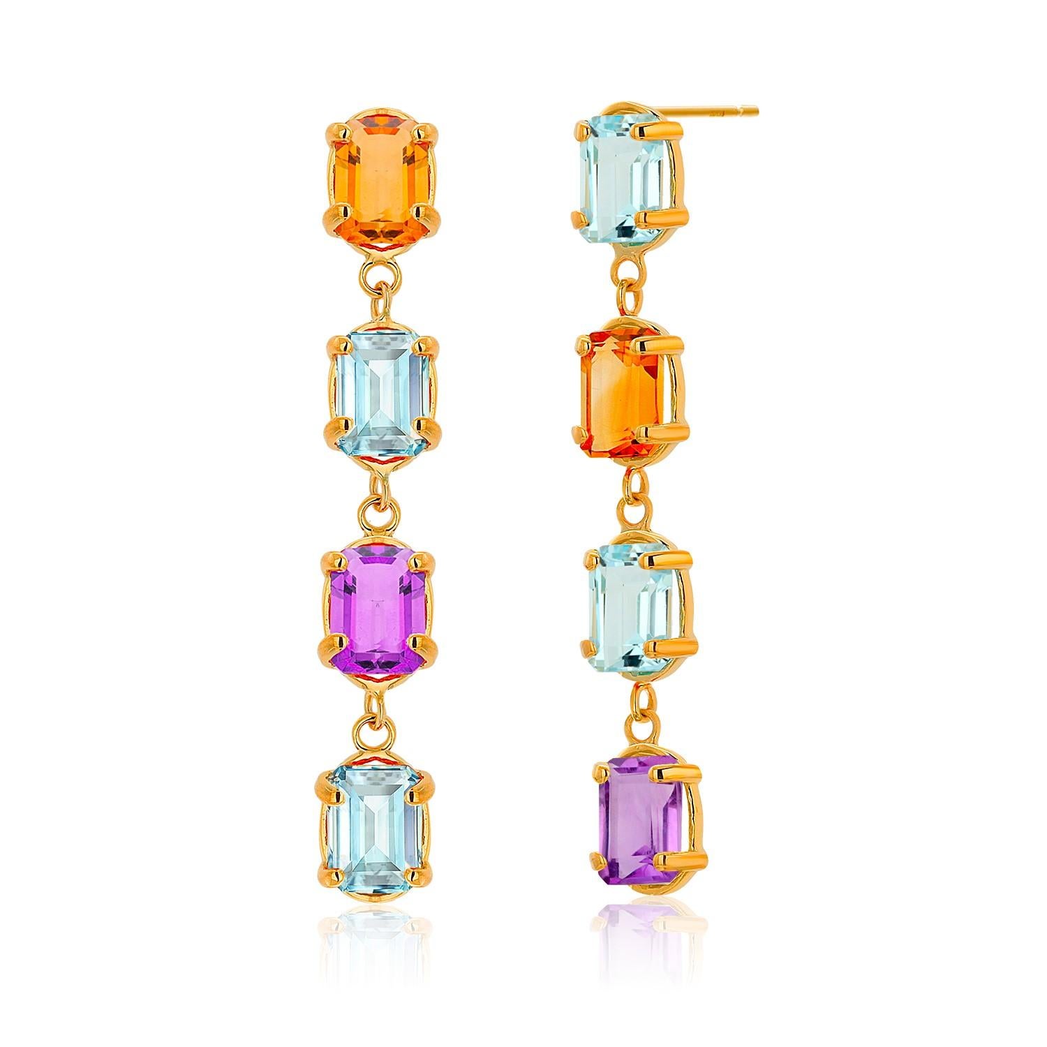 14K Gold 1.70 Inch Long Drop Earrings Emerald Shaped Blue Topaz Amethyst Citrine For Sale 4