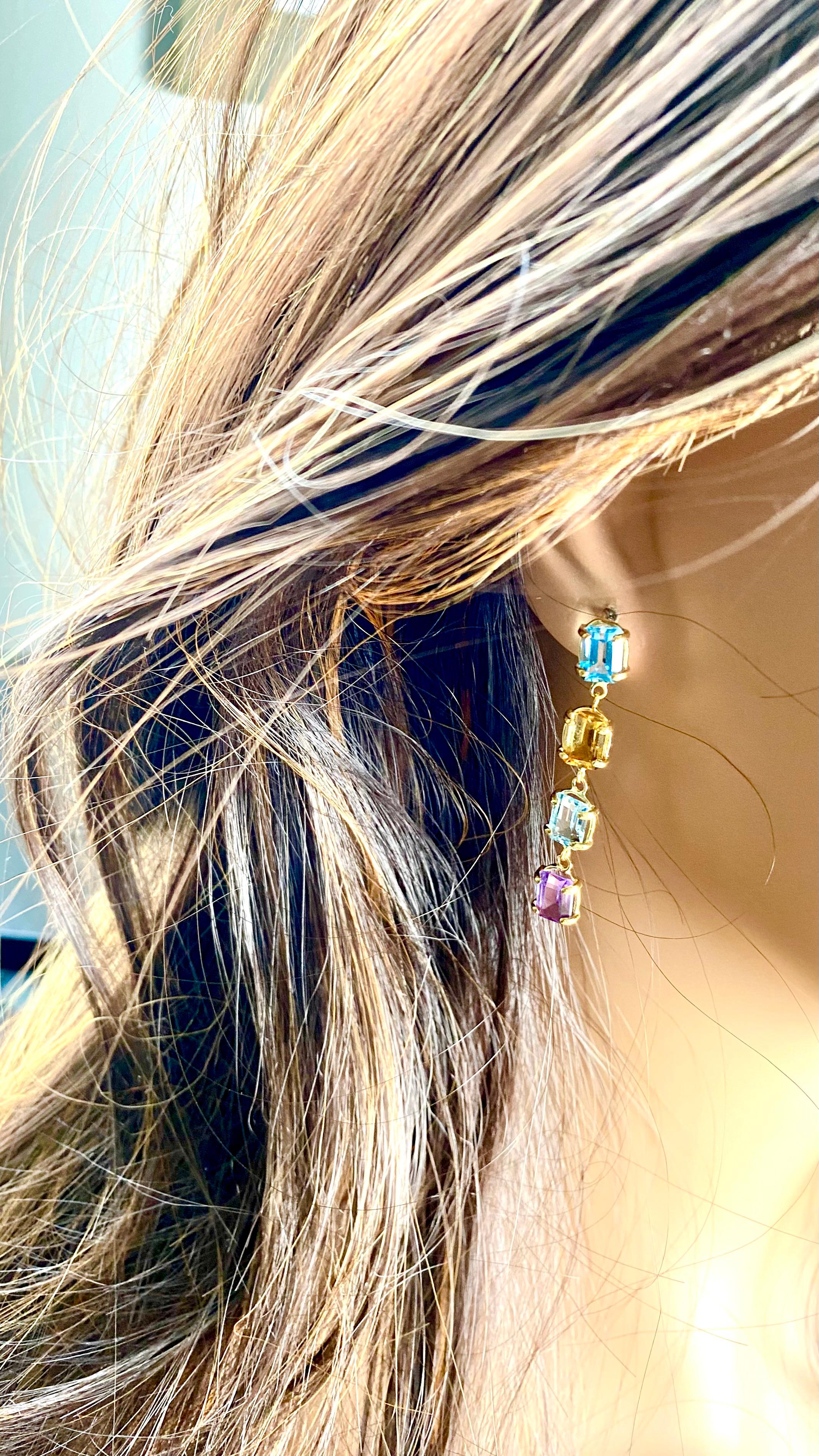 14K Gold 1.70 Inch Long Drop Earrings Emerald Shaped Blue Topaz Amethyst Citrine For Sale 5