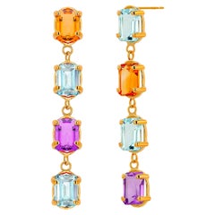 14K Gold 1.70 Inch Long Drop Earrings Emerald Shaped Blue Topaz Amethyst Citrine