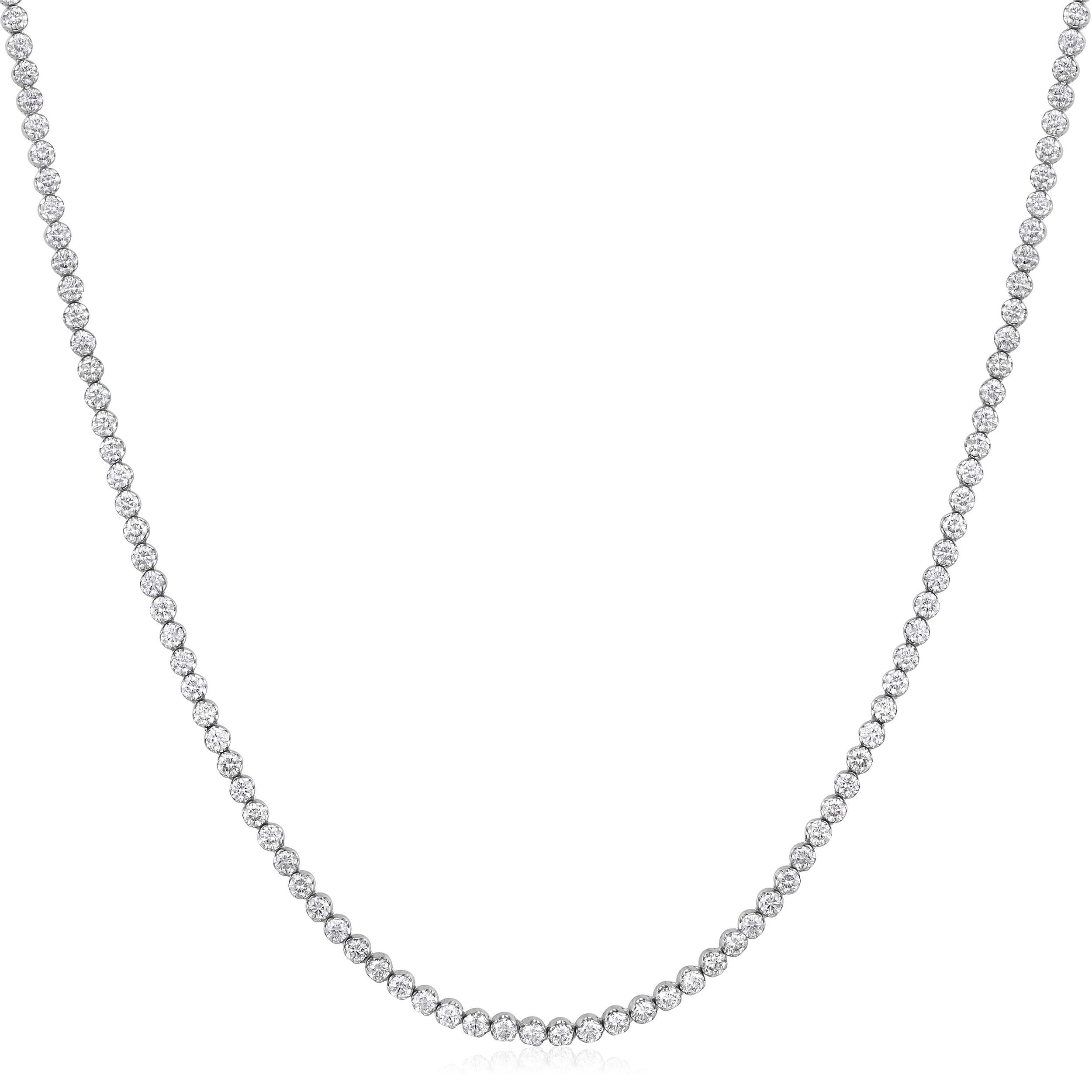 Crafted in 7.52 grams of 14K White Gold, the necklace contains 169 stones of Round Natural Diamonds with a total of 1.73 carat in G-H color and SI clarity. The necklace length is 18 inches..
This jewelry piece will be expertly crafted by our skilled