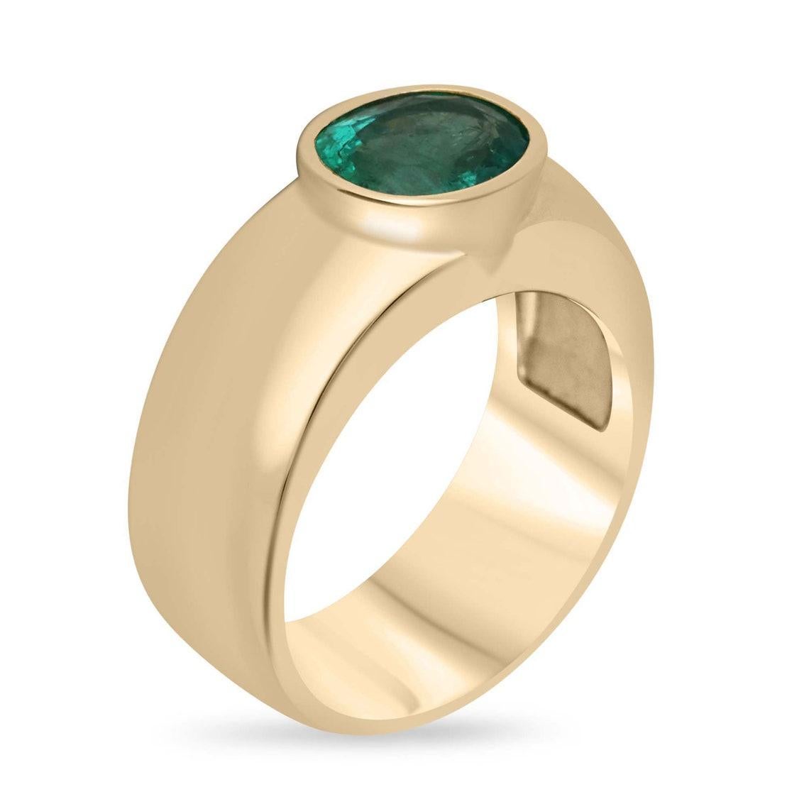 Exuding refined masculinity, this emerald solitaire men's ring showcases a captivating 1.80-carat oval-cut emerald from Zambia, boasting a striking medium green hue, semi-transparent clarity, and very good luster. The emerald takes center stage,