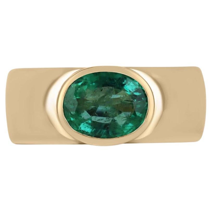 14K Gold 1.80ct Oval Cut Solitaire Emerald Ring, 8mm Bezel Set Unisex Pinky Ring