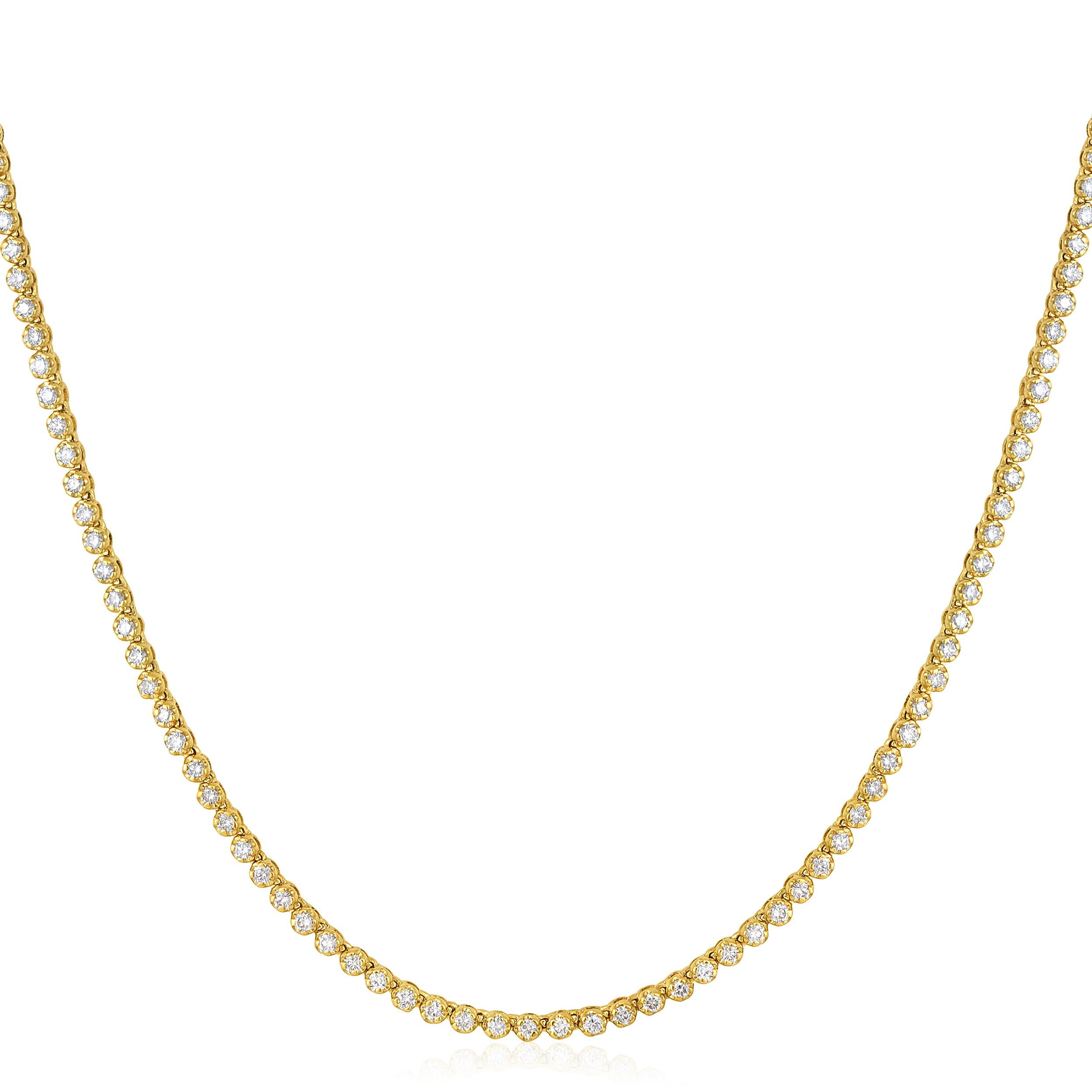 Crafted in 7.6 grams of 14K Yellow Gold, the necklace contains 170 stones of Round Natural Diamonds with a total of 1.78 carat in G-H color and SI clarity. The necklace length is 18 inches.

CONTEMPORARY AND TIMELESS ESSENCE: Crafted in