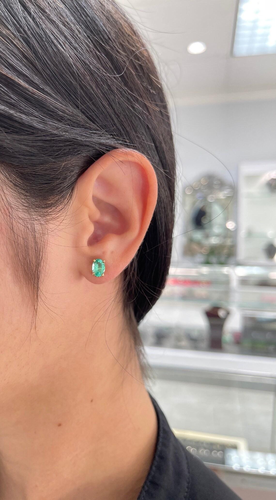 Modern 14K Gold 1.95tcw Natural Emerald & Diamond Oval Stud Earrings, May Birthstone For Sale