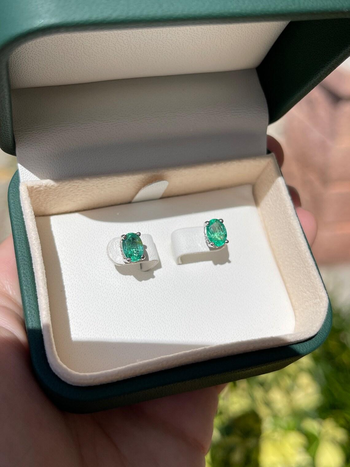 Women's 14K Gold 1.95tcw Natural Emerald & Diamond Oval Stud Earrings, May Birthstone For Sale