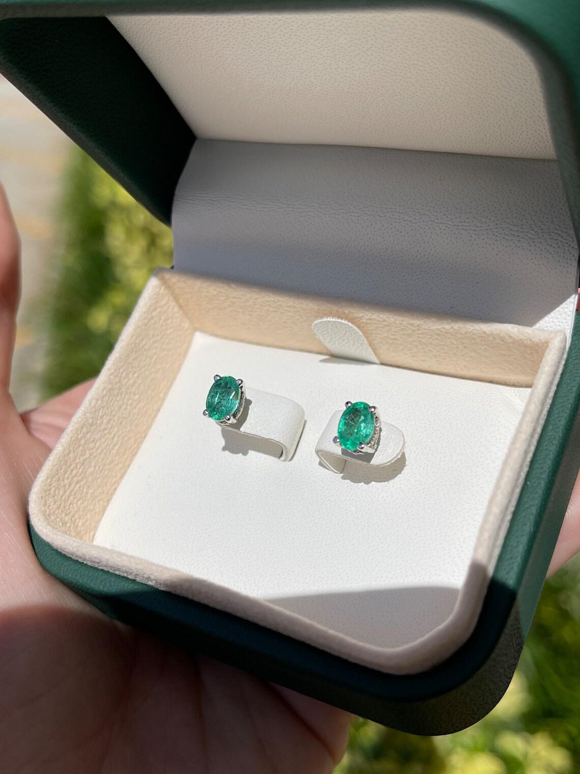14K Gold 1.95tcw Natural Emerald & Diamond Oval Stud Earrings, May Birthstone For Sale 1