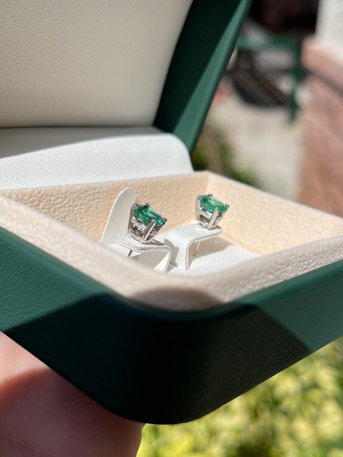 14K Gold 1.95tcw Natural Emerald & Diamond Oval Stud Earrings, May Birthstone For Sale 2