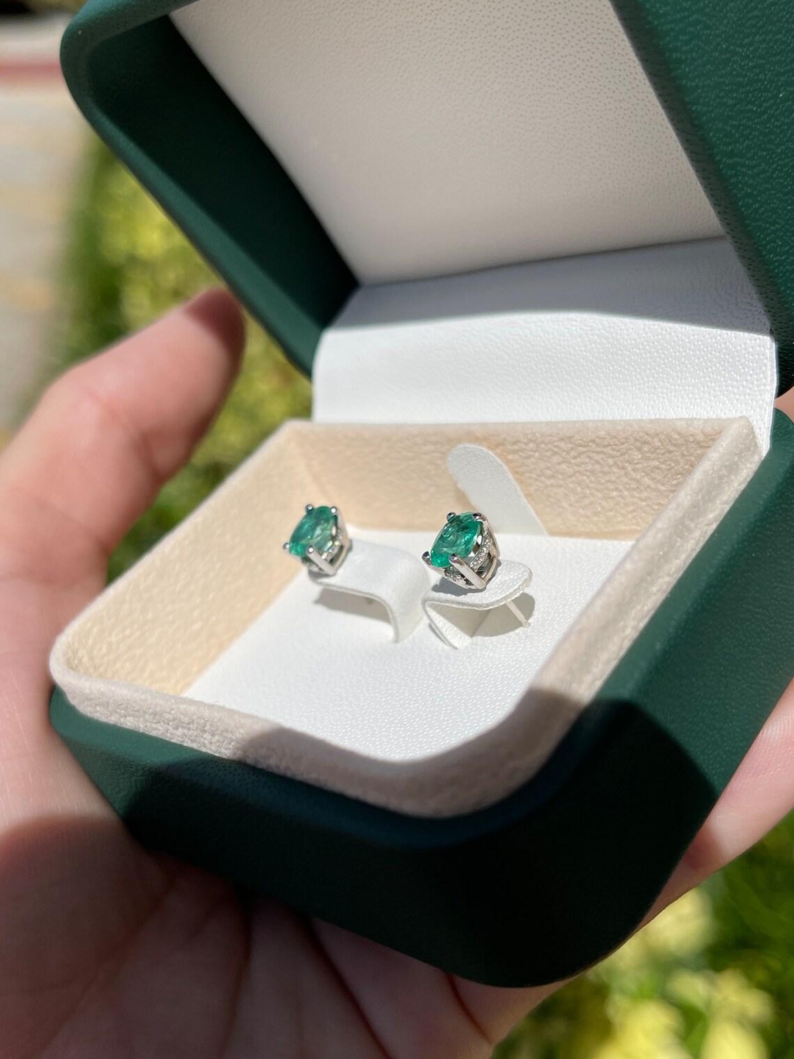 14K Gold 1.95tcw Natural Emerald & Diamond Oval Stud Earrings, May Birthstone For Sale 3