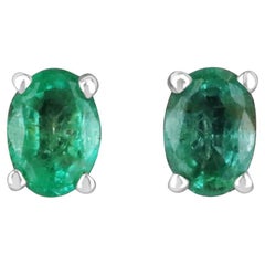 14K Gold 1.95tcw Natural Emerald & Diamond Oval Stud Earrings, May Birthstone